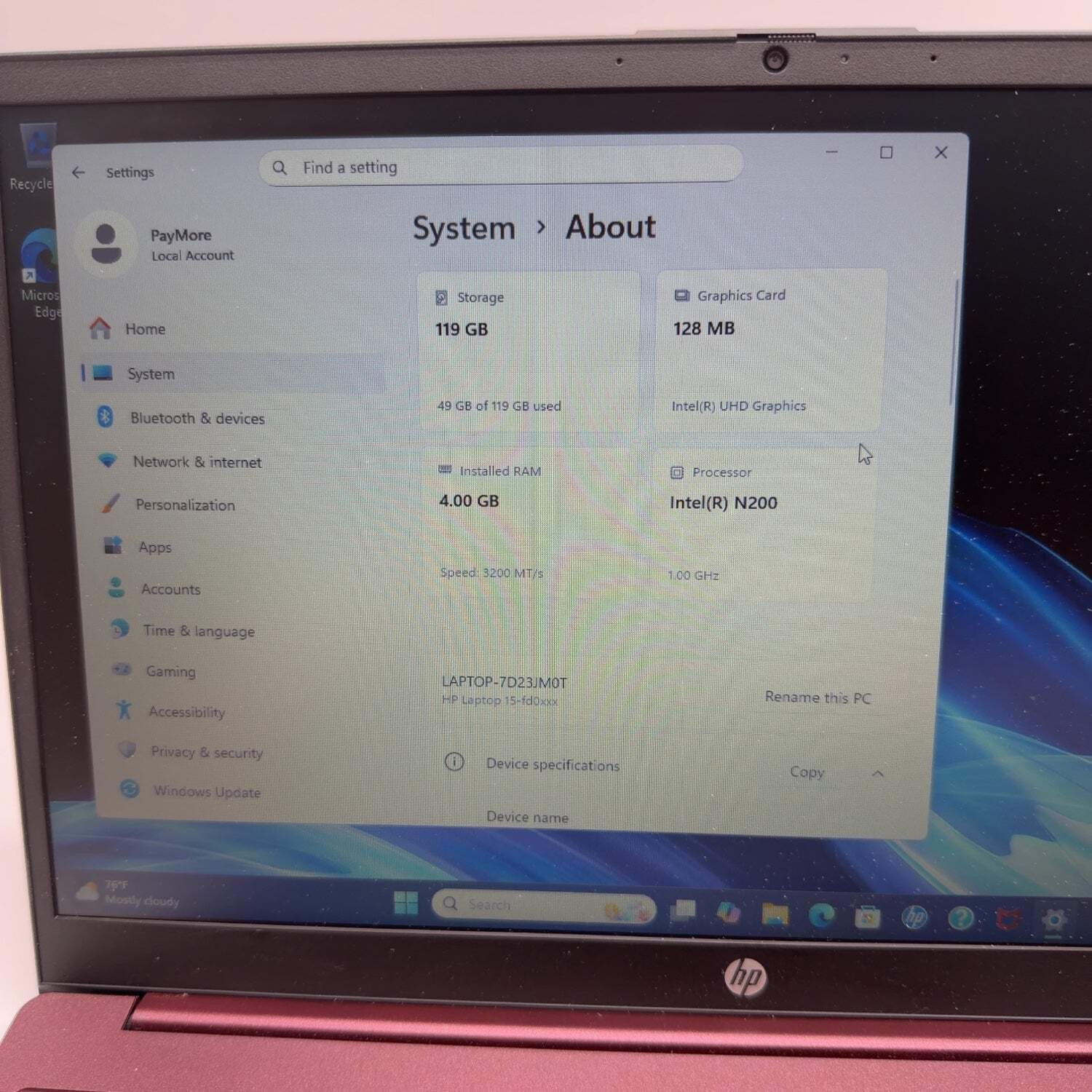 HP NoteBook 15-FD0088WM 15.6″ N200 1.0GHz 4GB RAM 128GB SSD