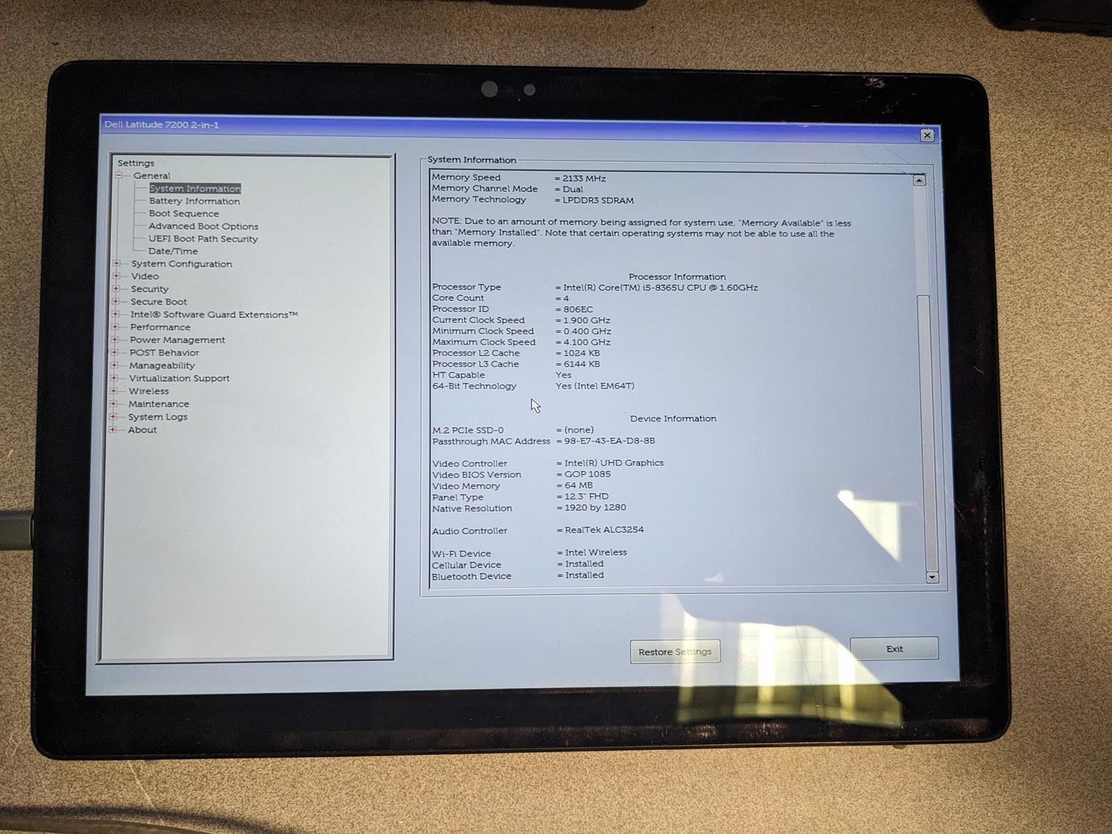 DELL LATITUDE 7200 2-IN-1 i5-8365U @ 1.60GHz, 8GB RAM, NO HDD/OS – (FOR PARTS)