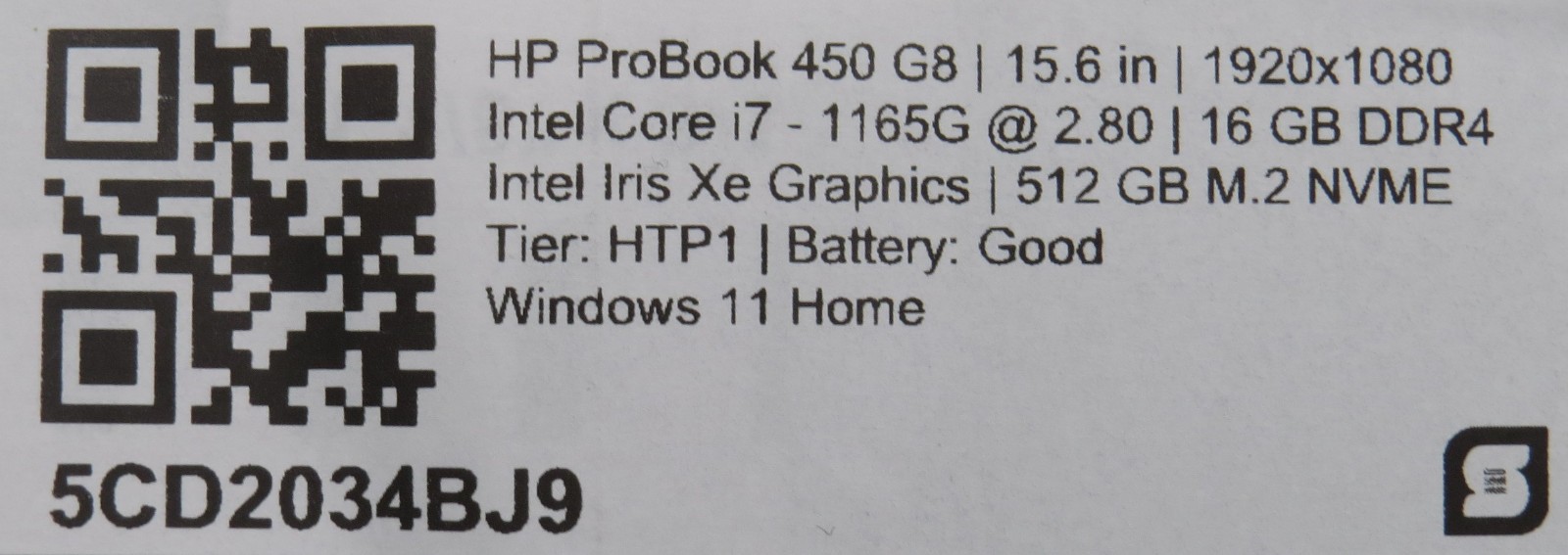 HP Probook 450 G8 i7-1165G @ 2.8GHz 16GB DDR4 512GB m2 15.6″ Win 11 No AC