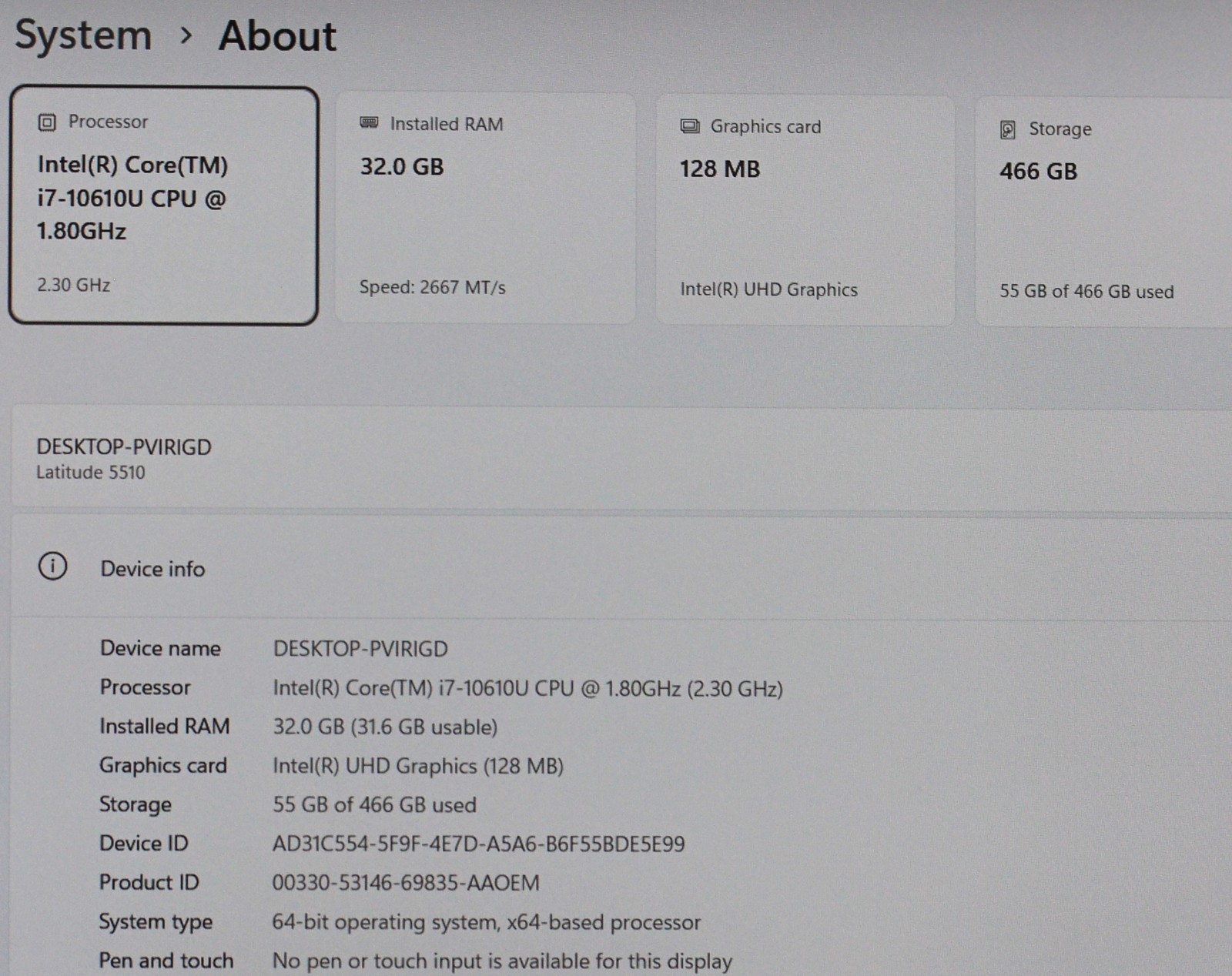 Latitude 5510: 15.6 FHD, i7-10610U, 32GB, 500GB NVMe, Win 11 Pro