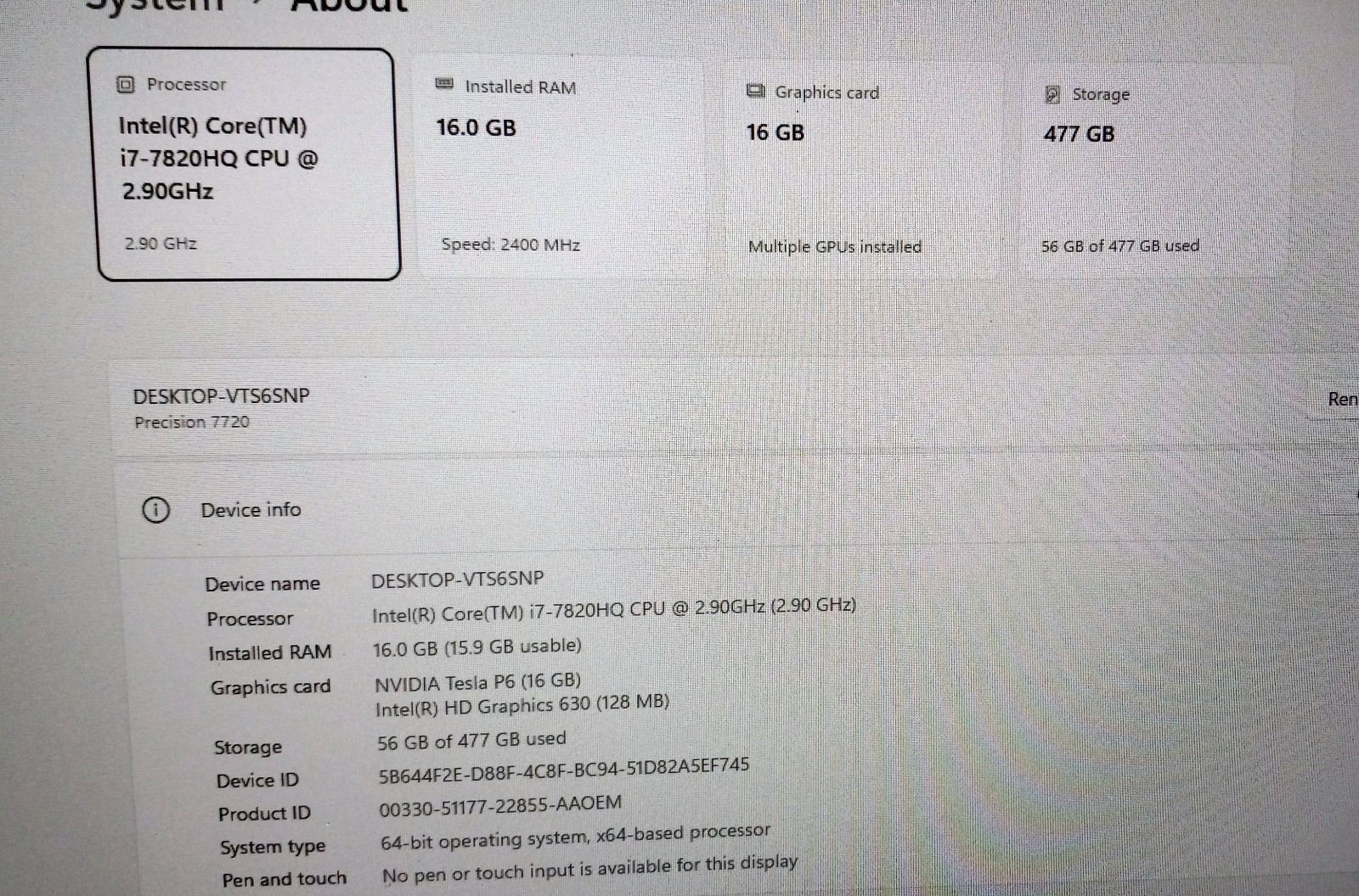Dell Precision laptop 7720 i7-7820HQ 2.9-3.9Ghz 16GB 512GB NVIDIA “P5000” AX200