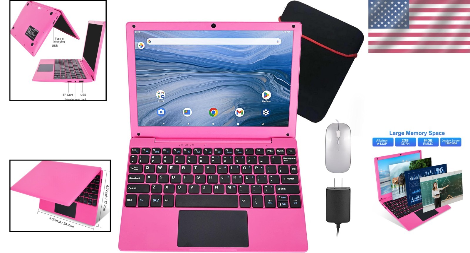 10.1″ Quad-Core Mini Laptop Android 12.0 2GB RAM 64GB Pink#