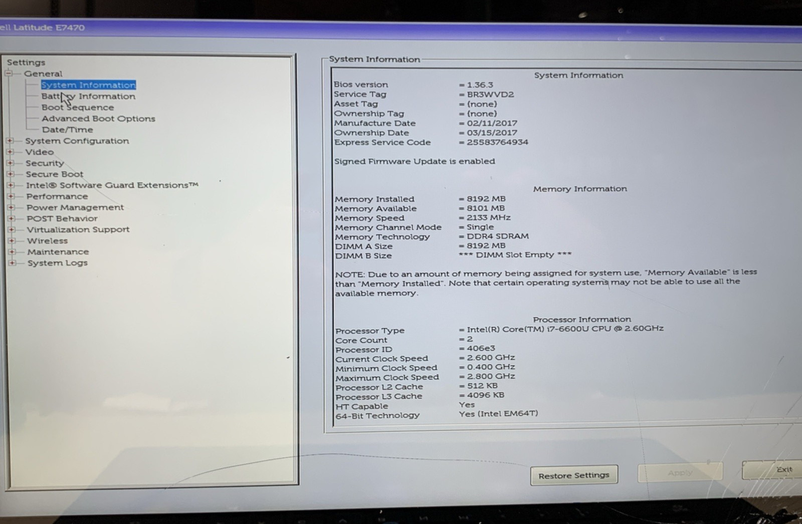 Dell Latitude E7470 14″ i7-6600U@2.6GHz, 8GB RAM, No SSD, No OS
