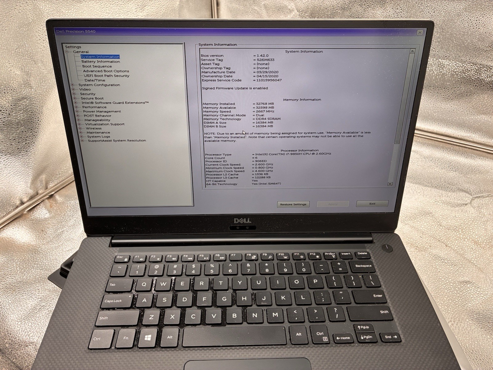 Dell Precision 5540 i7-9850H 2.60 GHz 32GB RAM No SSD Nvidia T2000