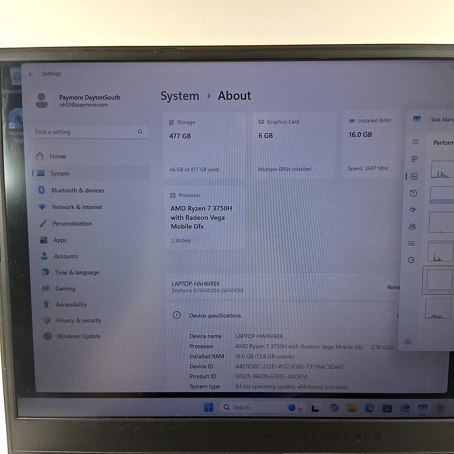 Broken Asus ROG Zephyrus G15 Ryzen 7 3750H 2.3GHz NVidia GeForce GTX 1660 Ti 16G