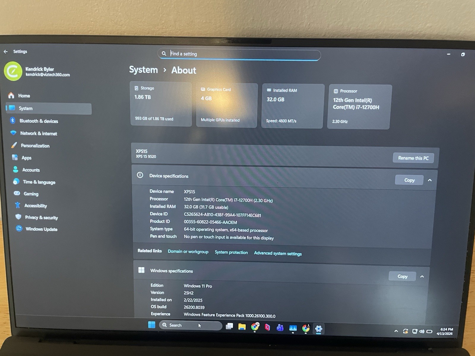 Dell XPS 15 9520 Intel Core i7-12700H 32GB RAM 2TB SSD Windows 11 Pro 15″