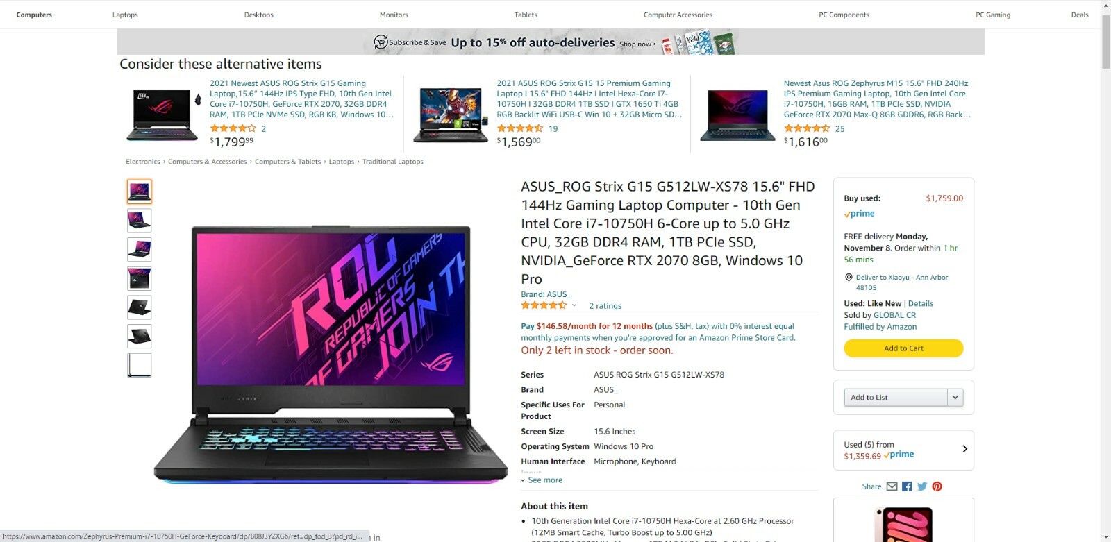 [REFURBISHED] ASUS ROG Strix G512LW-XS78 144Hz Core i7-10750H 32GB 1TB RTX 2070