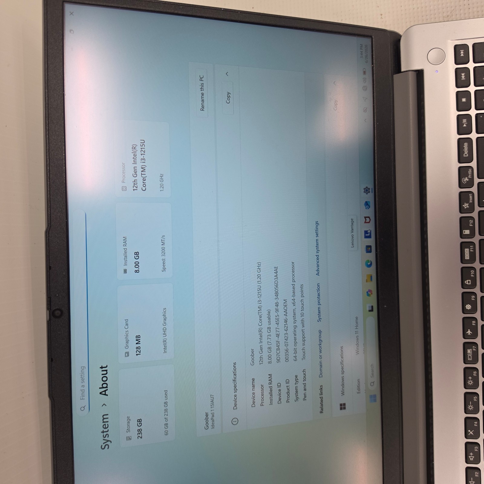 Lenovo Ideapad 1 15iau7 Win11H 15.6″ Touch Laptop 256GB SSD 1.2Ghz i3-1215u