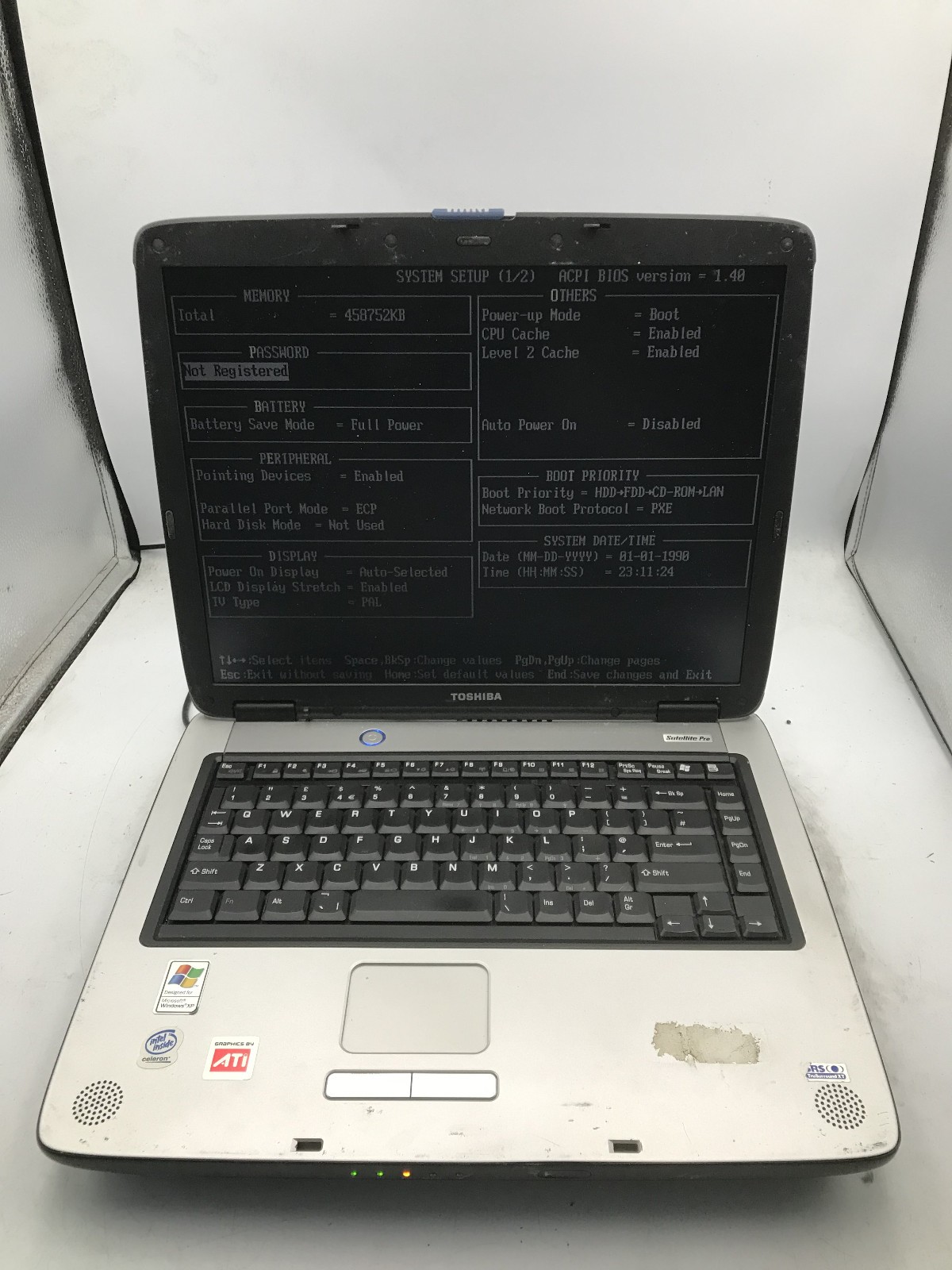 TOSHIBA SATELLITE PRO A60 – BOOTS TO BIOS – INTEL CELERON – 256MB RAM – READ -BB