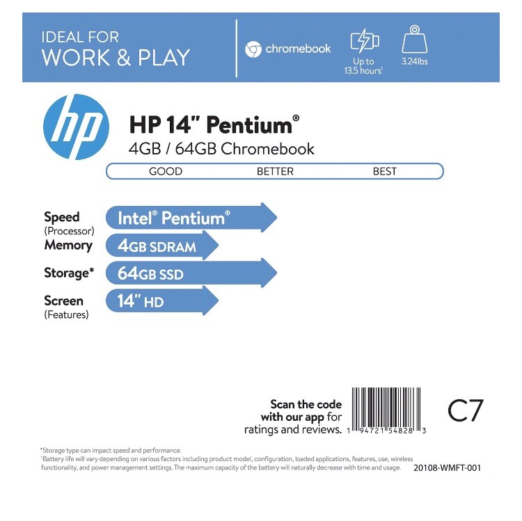 HP 14″ Intel Pentium 4GB/64GB Chromebook – Silver – 14a-na0031wm