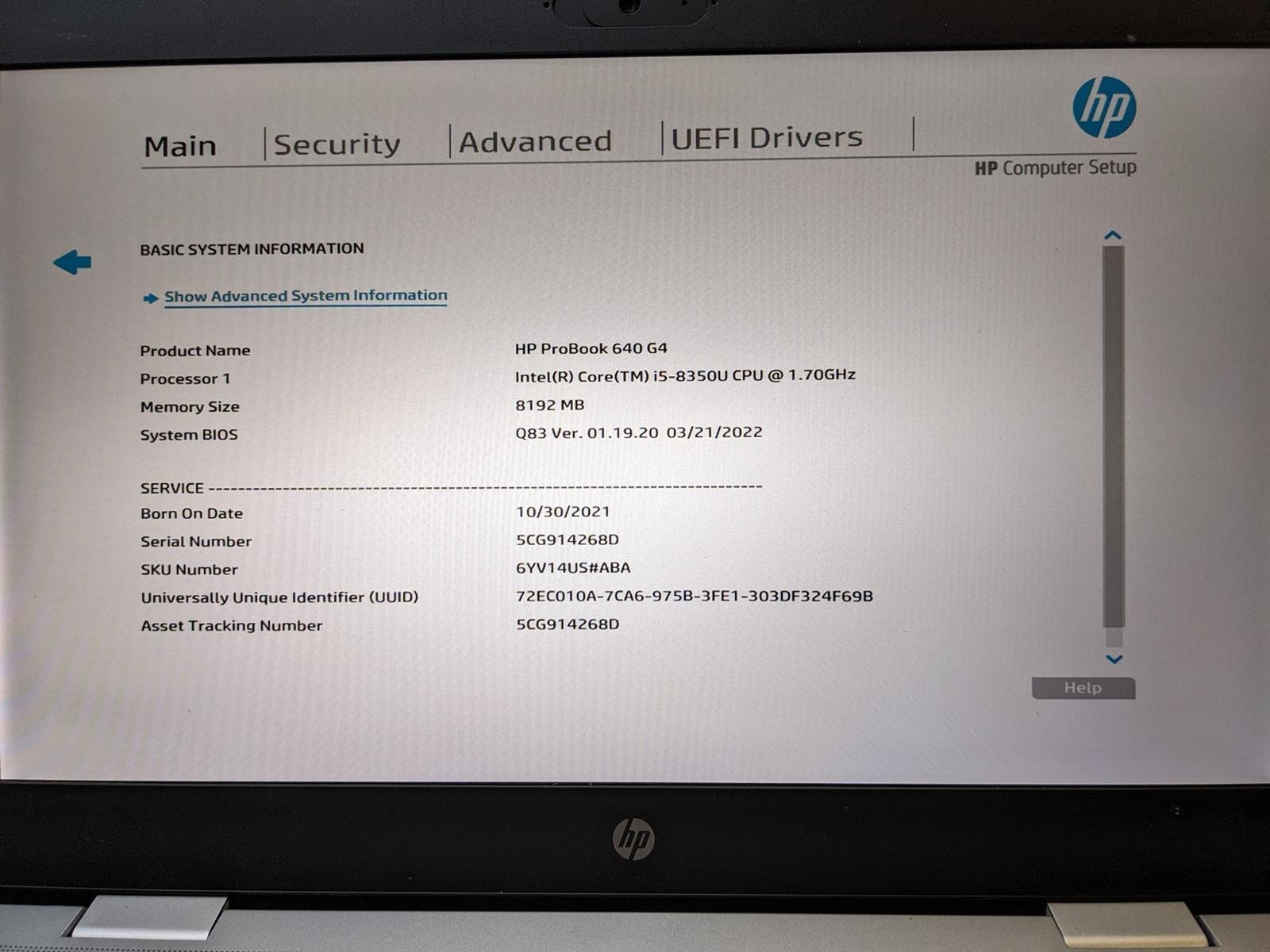HP PROBOOK 640 G4 i5-8350U @ 1.70GHz, 8GB RAM, NO HDD/OS