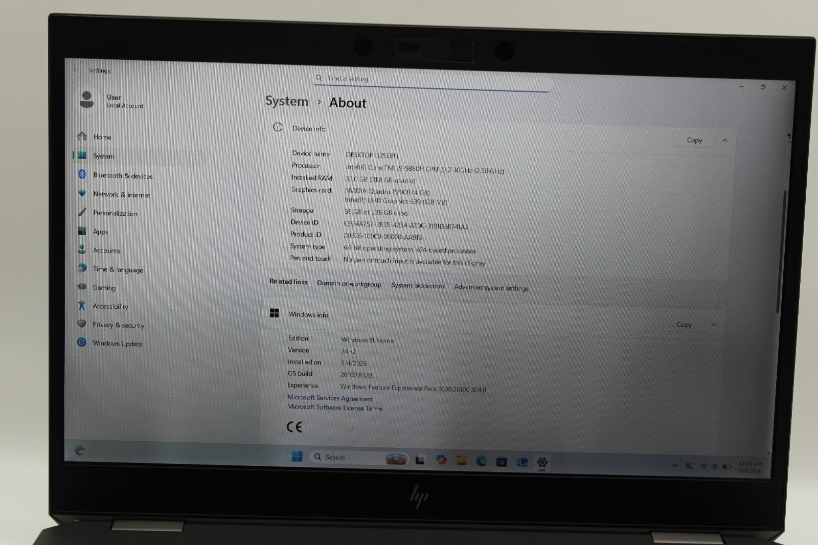 HP ZBook Studio G5 i9-9880H @ 2.3 GHz 32GB RAM 256GB SSD Win11H P2000