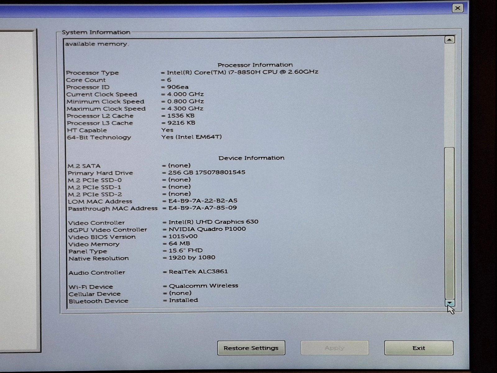 Dell Precision 7530 i7 8850H 256GB SSD 16GB 15.6″ FHD Quadro P1000 Win11P