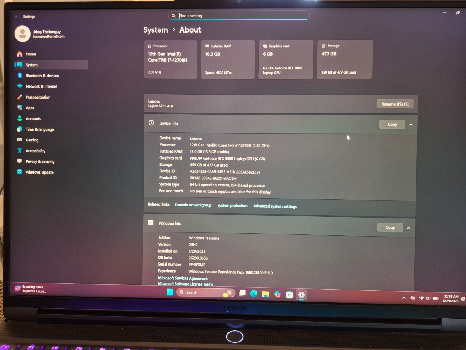 Lenovo Legion slim 7i laptop computer 3060