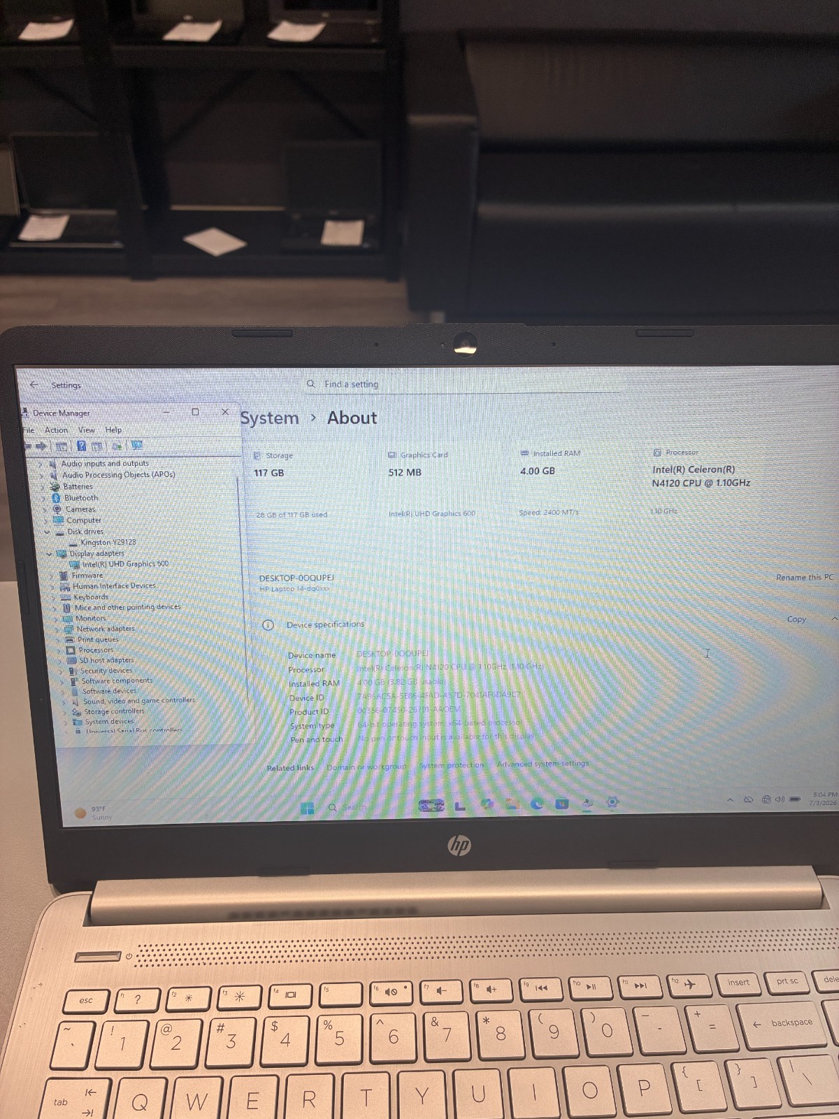 HP Laptop 14-dq0760dx Screen 14″ / Celeron N4120 / RAM 4Gb / eMMC 128Gb / Win 11