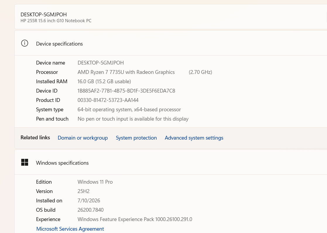 HP 255R G10 15.6″ FHD AMD RYZEN 7 7735U 2.6GHz 16GB 512GB SSD Win 11Pro +Charger