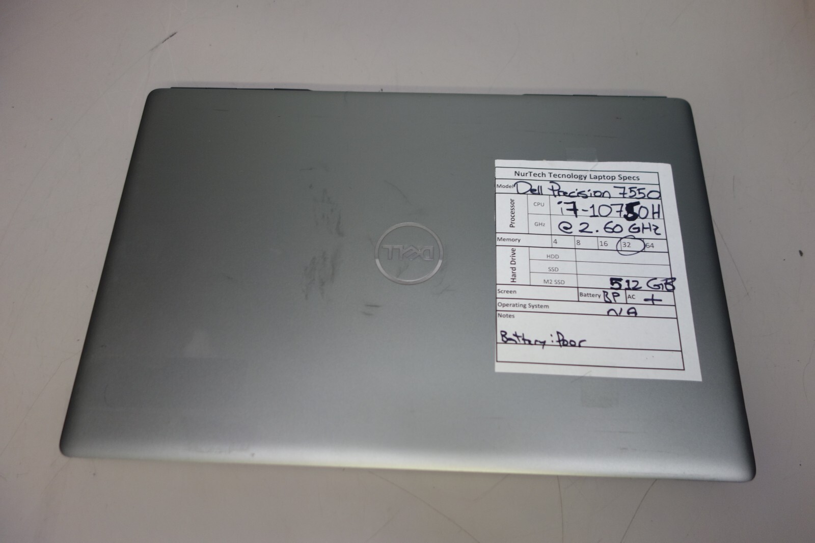 Dell Precision 7550 15.6″ i7 2.6GHz 32GB/512GB m2 SSD [NO OS] Laptop[POORBTRY]AC