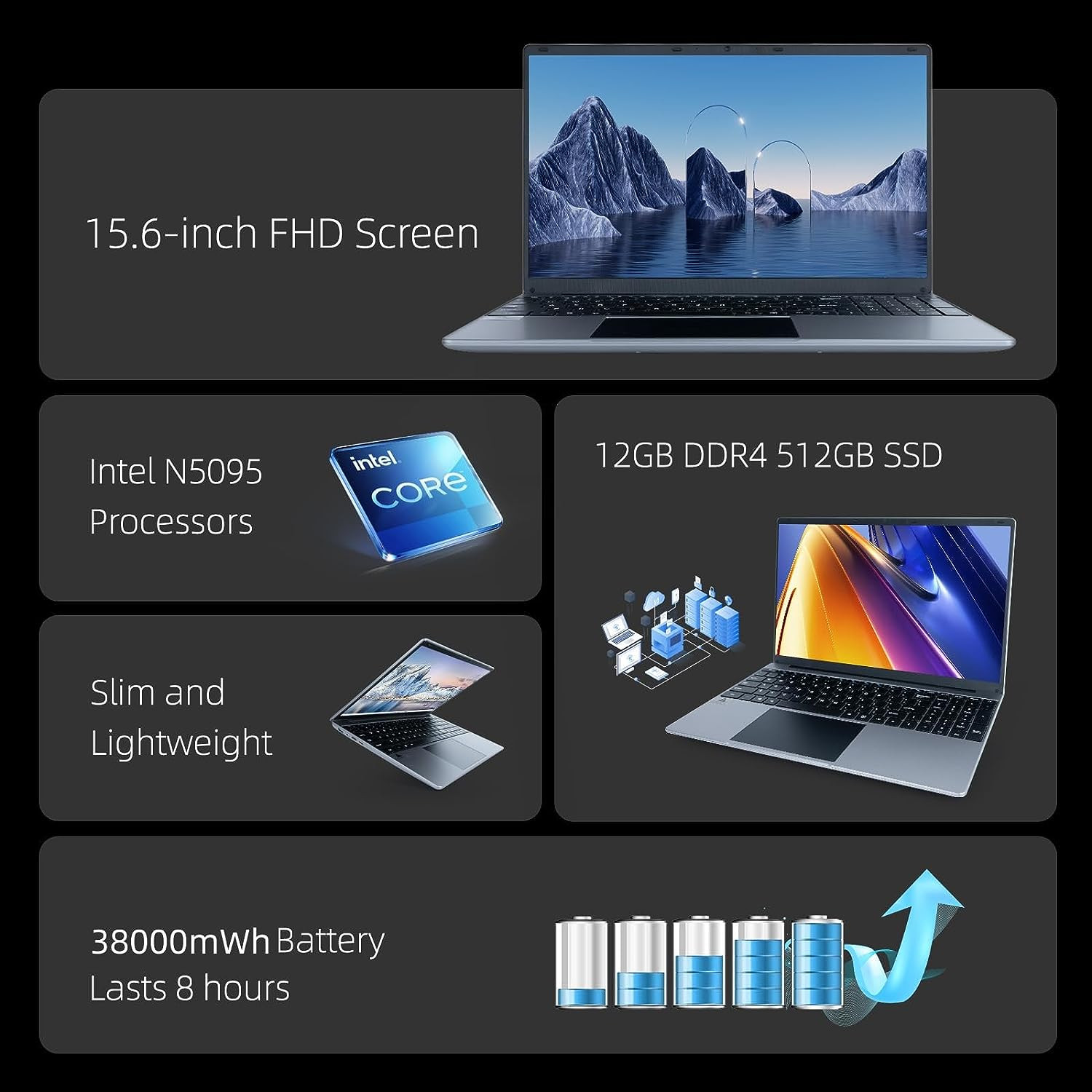 Laptop Computer 15.6”With 12GB DDR4 512GB SSD, Quad-Core Intel Celeron Processo