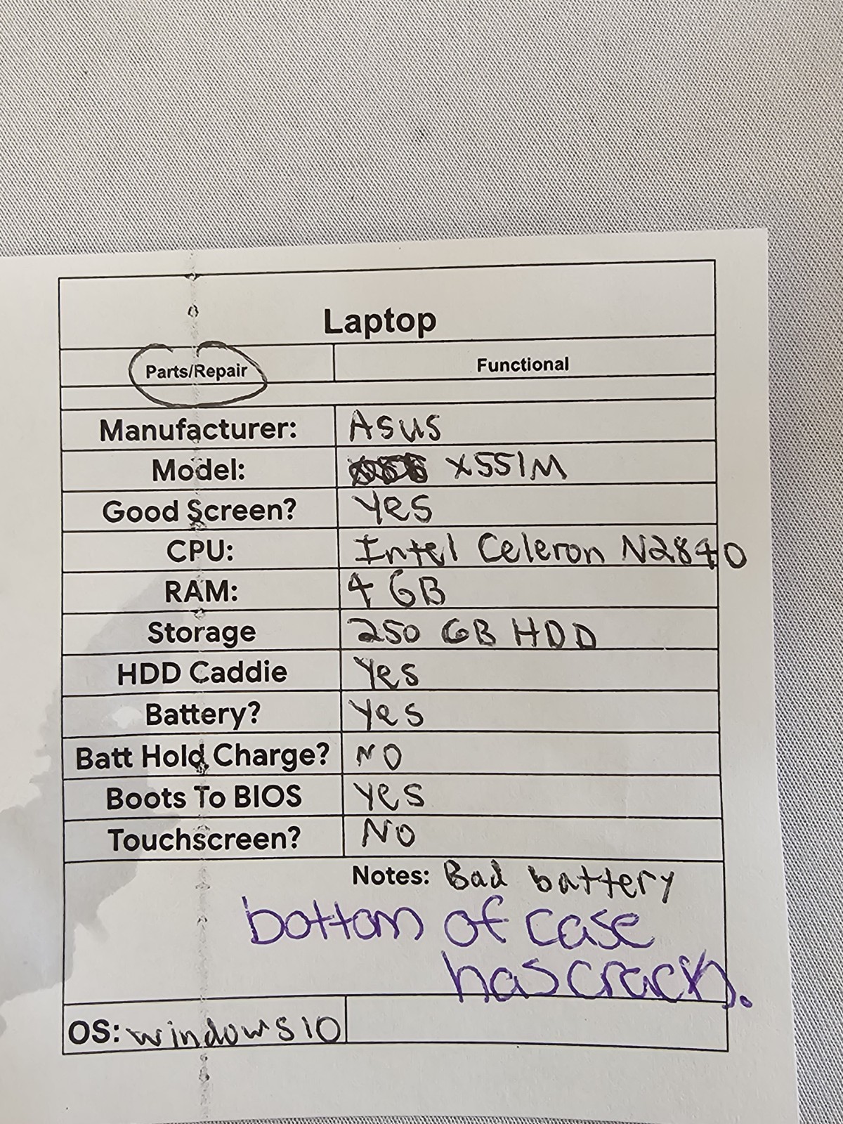 ASUS X551M Laptop – Intel Celeron N2840 – 4GB RAM – 250GB HDD – BAD BATT Win 10