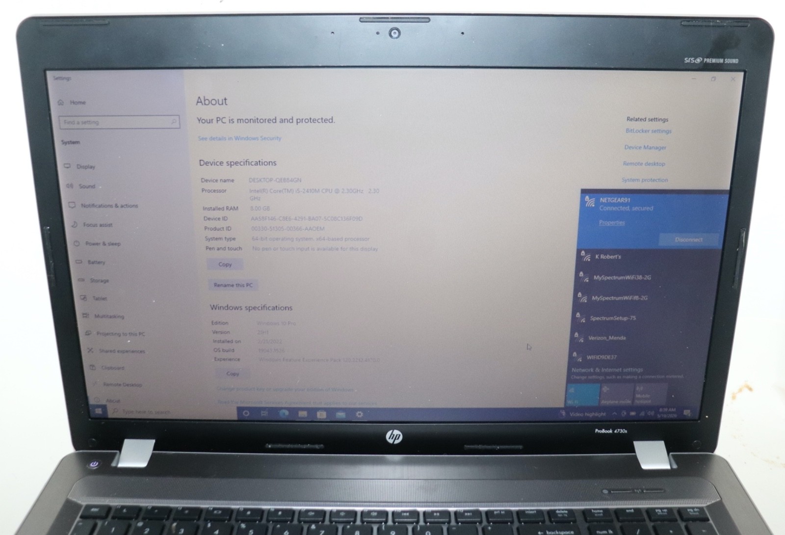 HP ProBook 4730s |Intel core i5@2.30 GHz|8GB RAM |320G HDD|WIN 10 Prof|Webcam