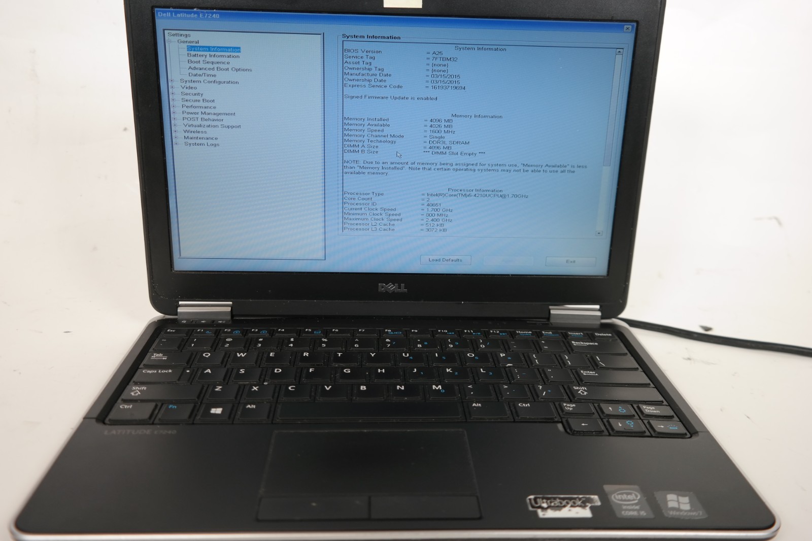 Dell Latitude E7240 i5 4GB RAM No HDD No Battery No Backplate Boots BIOS