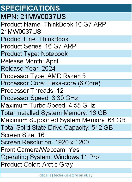 Lenovo 21MW0037US ThinkBook 16 G7 ARP 16″ Notebook – Arctic Gray
