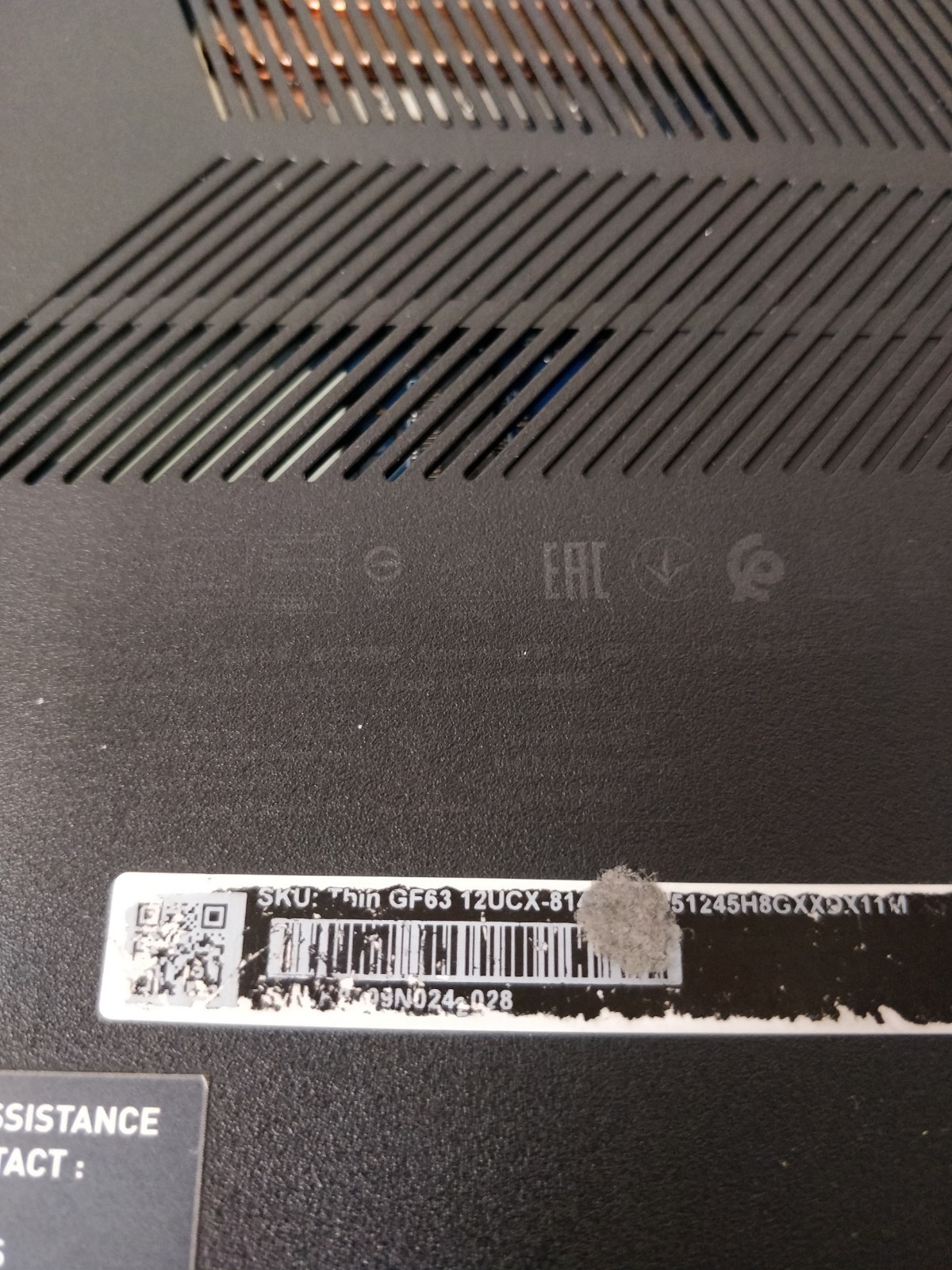 MSI Thin GF63 INTEL CORE I7-10750H@2.60GHz 8GB RAM GTX 3050 NO DRIVE PARTS 9034