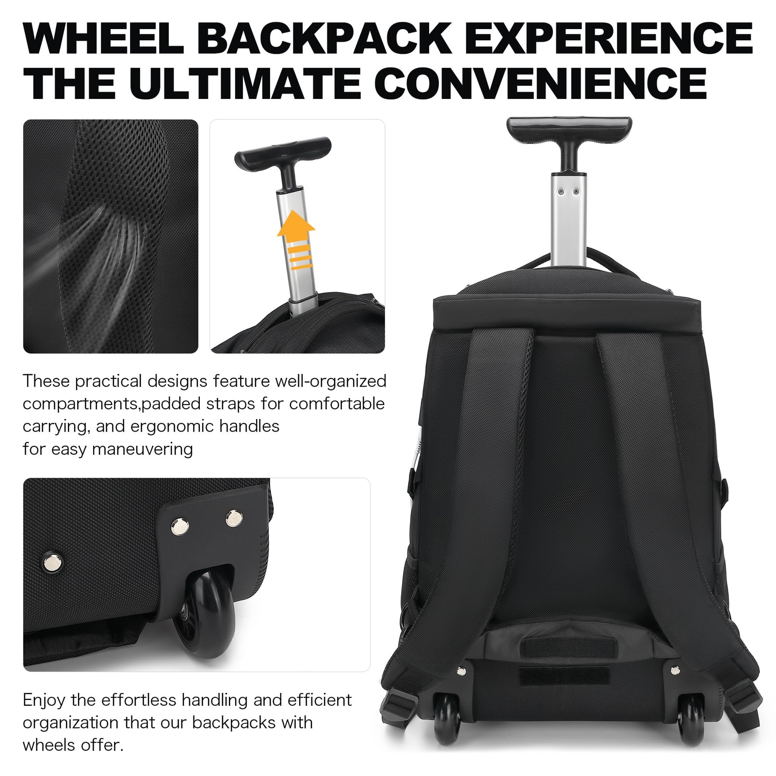 Boavan Rolling Backpack,17 inch Water Resistant Wheeled Backpack,Carry on Luggag