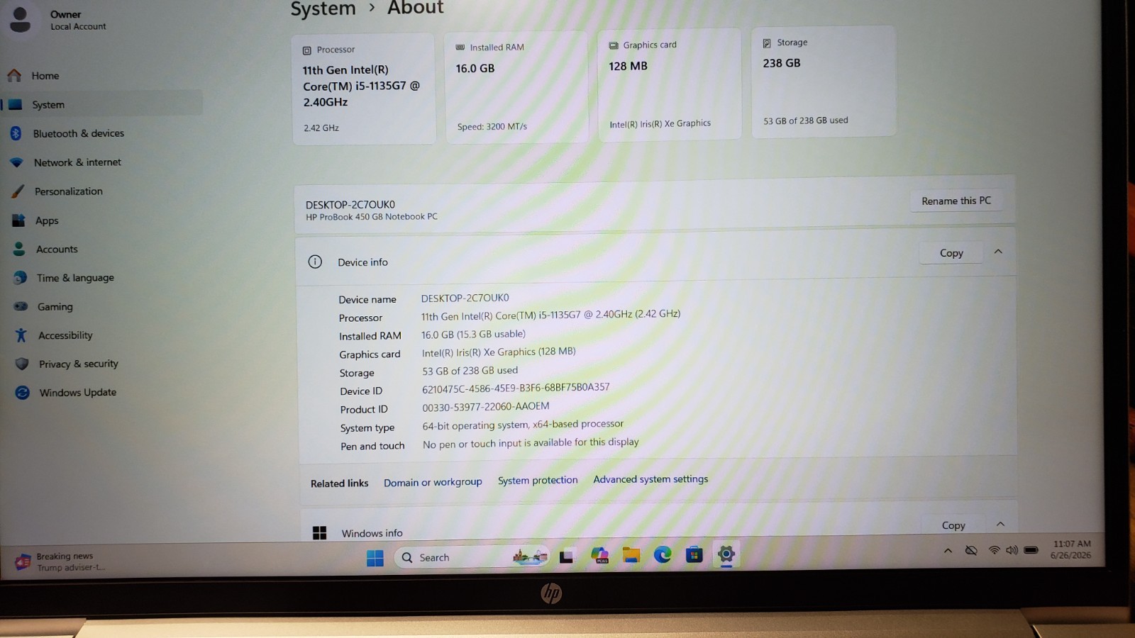 HP ProBook 450 G8 15.6″, Intel Core i5 11th Gen 2.40 GHz, 16GB RAM, 256GB NVME