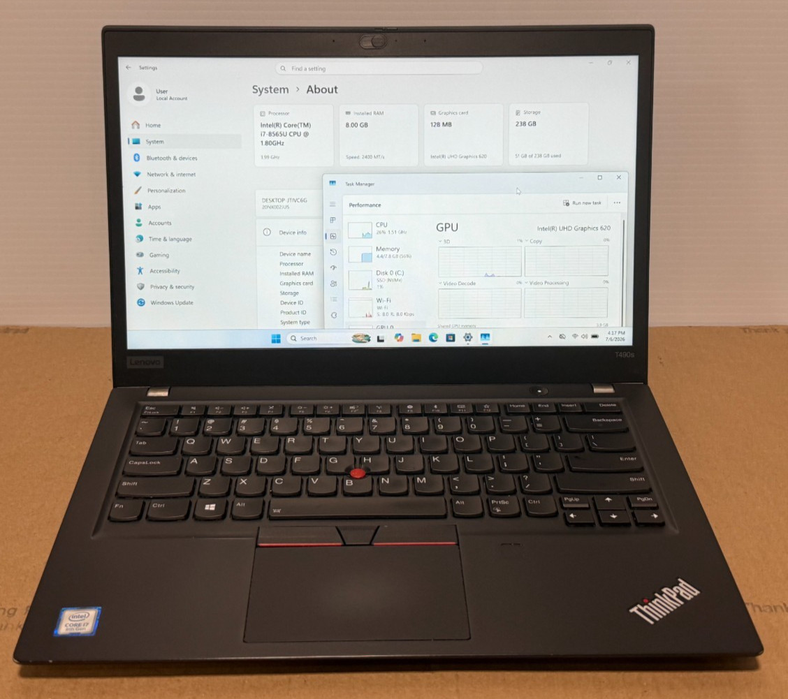 Lenovo Thinkpad T490s 14” i7-8565U 1.80GHz Touch 8GB RAM 256GB SSD W 11 Pro