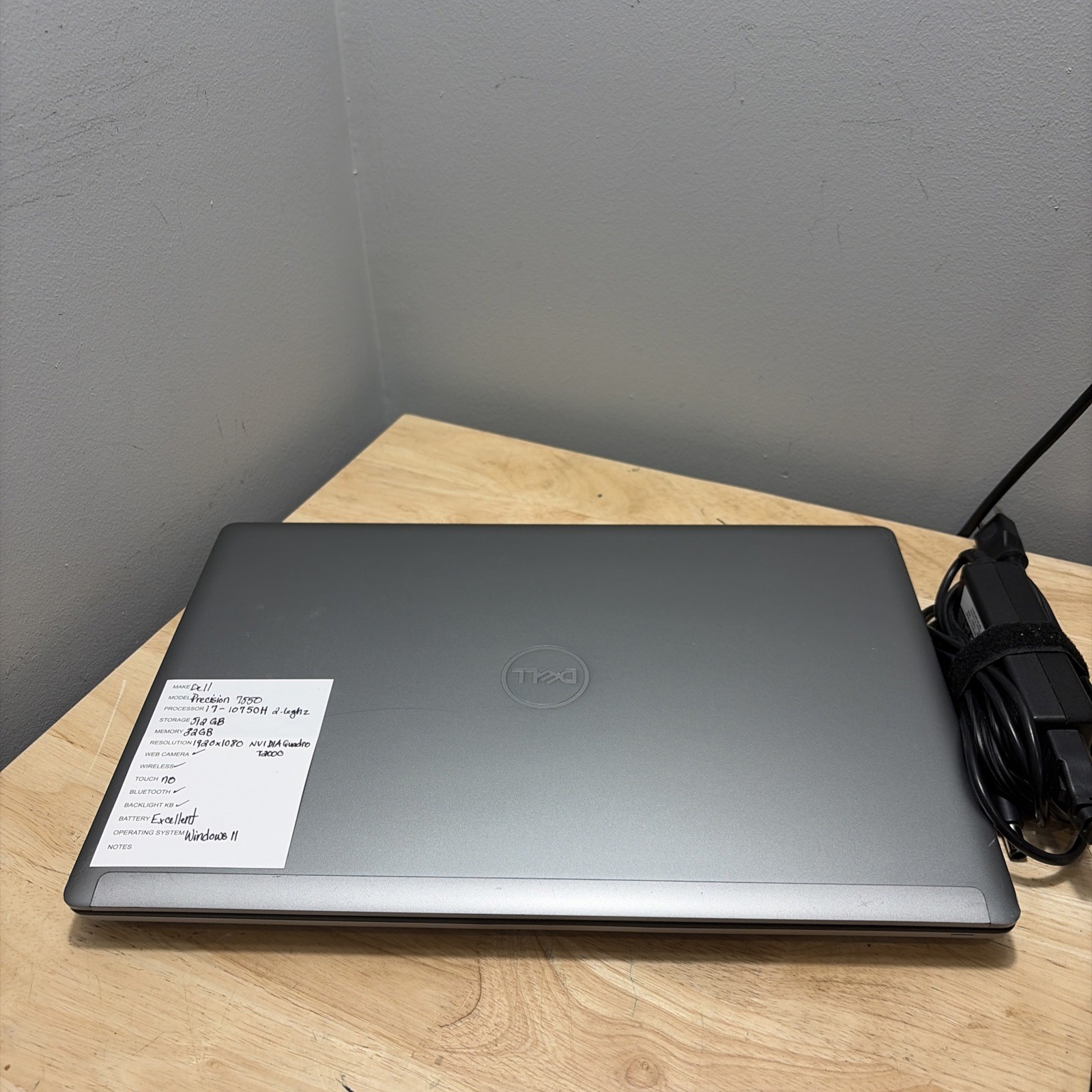 Dell Precision 7550 i7-10750H 2.60GHZ, 512GB SD 32GB NVidia T2000 WCamW11 Cord