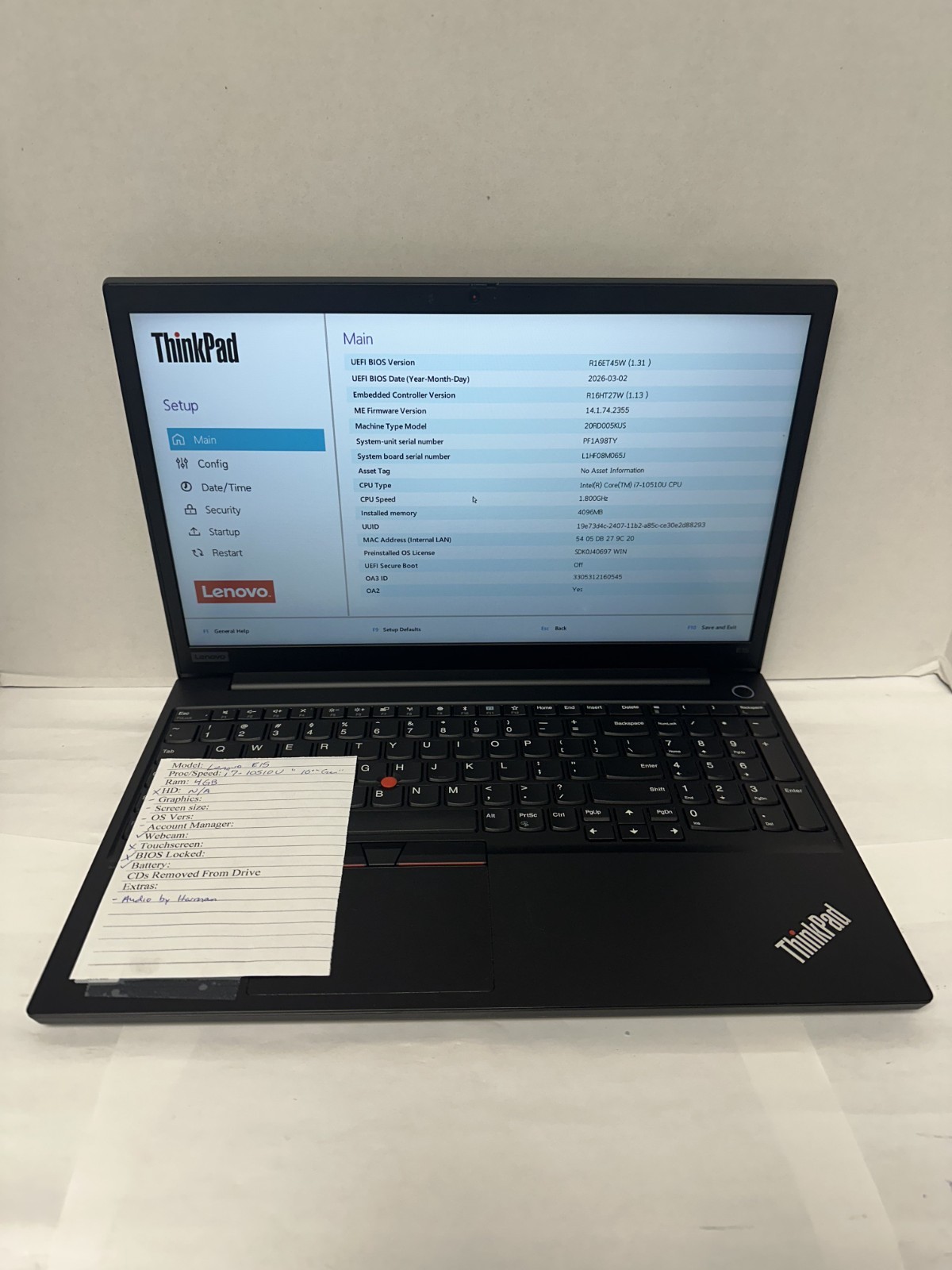 Lenovo E15 (i7-10510U, 8GB, No OS or Charger)