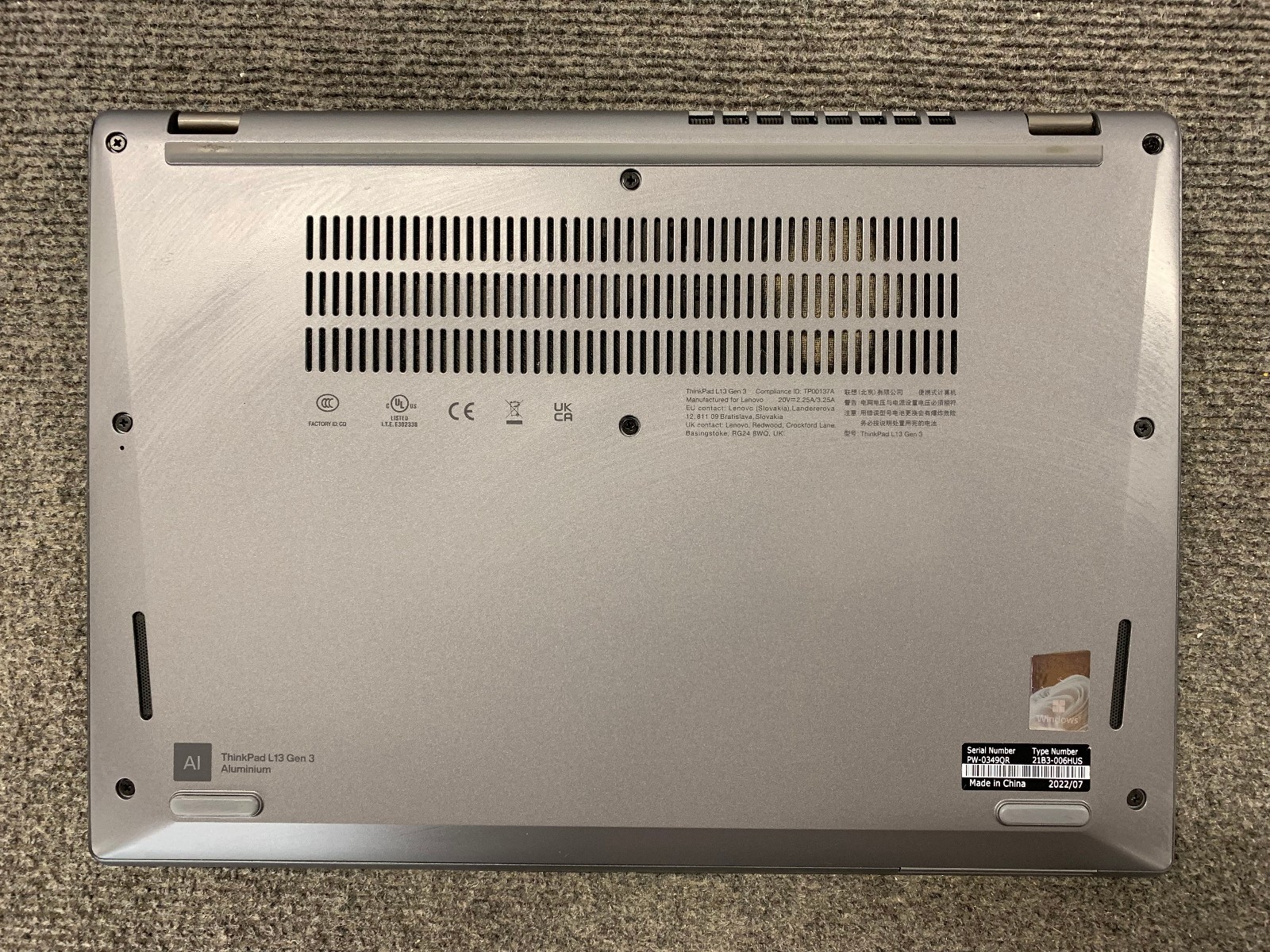 Lenovo ThinkPad L13 Gen 3 14″ i7-1265U 16GB, No Storage, As Is, Fails to Boot