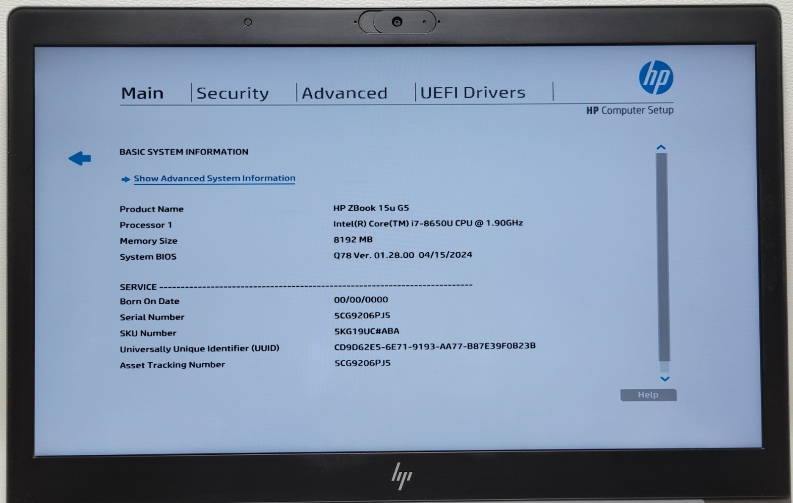 HP ZBook 15u G5 i7-8650U 8GB RAM 250GB SSD NO ADAPTER (UID TEB6F9A7B2)