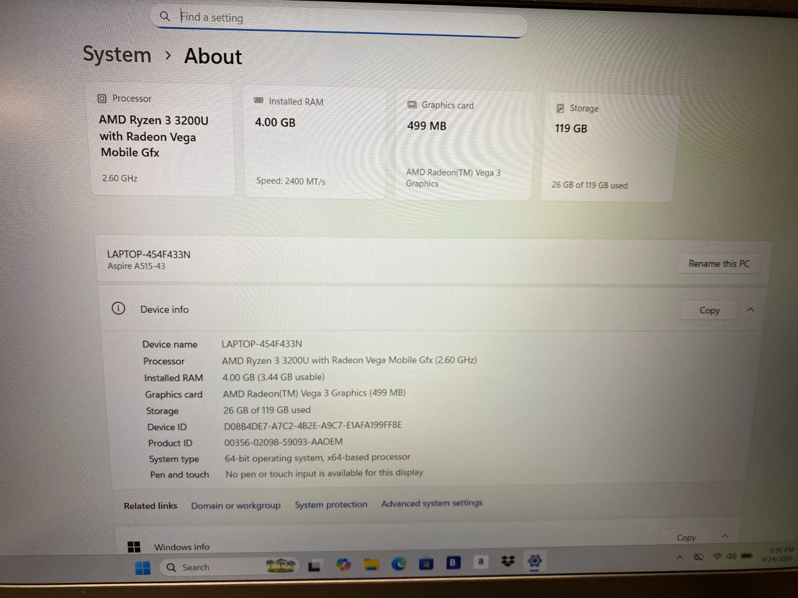 Acer Aspire 5 A515-43-R19L | 15.6″ FHD | AMD Ryzen 3 3200U | 4GB RAM | 128GB SSD