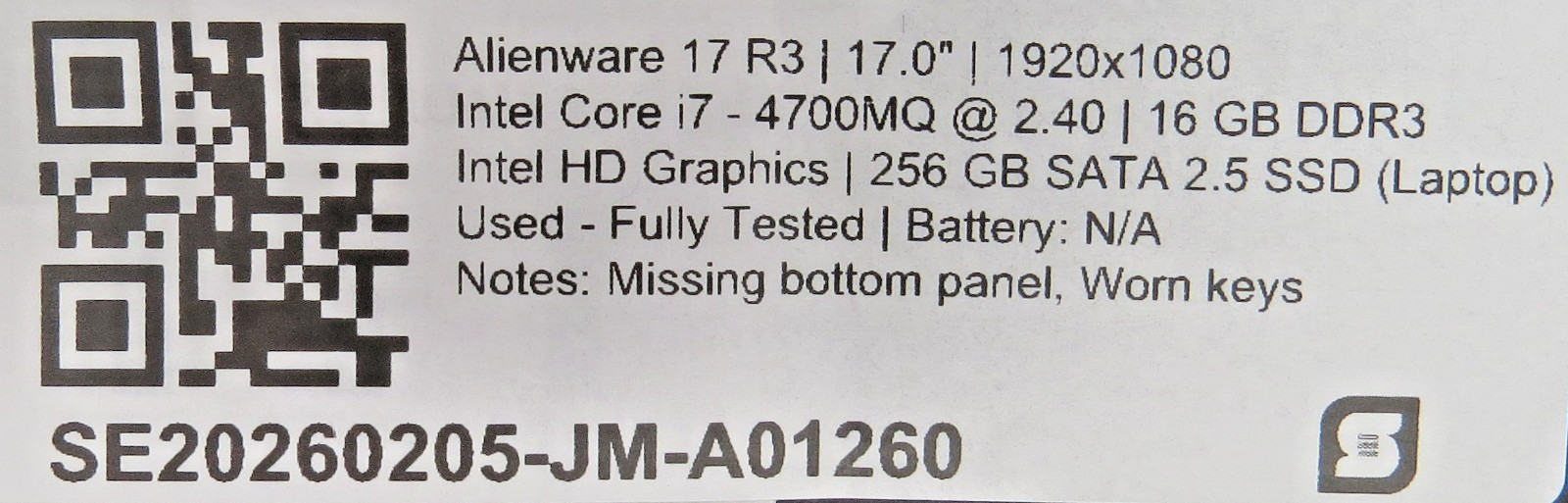 Alienware 17 R3 i7-4700MQ @ 2.4GHz 16GB RAM 256GB SSD No OS