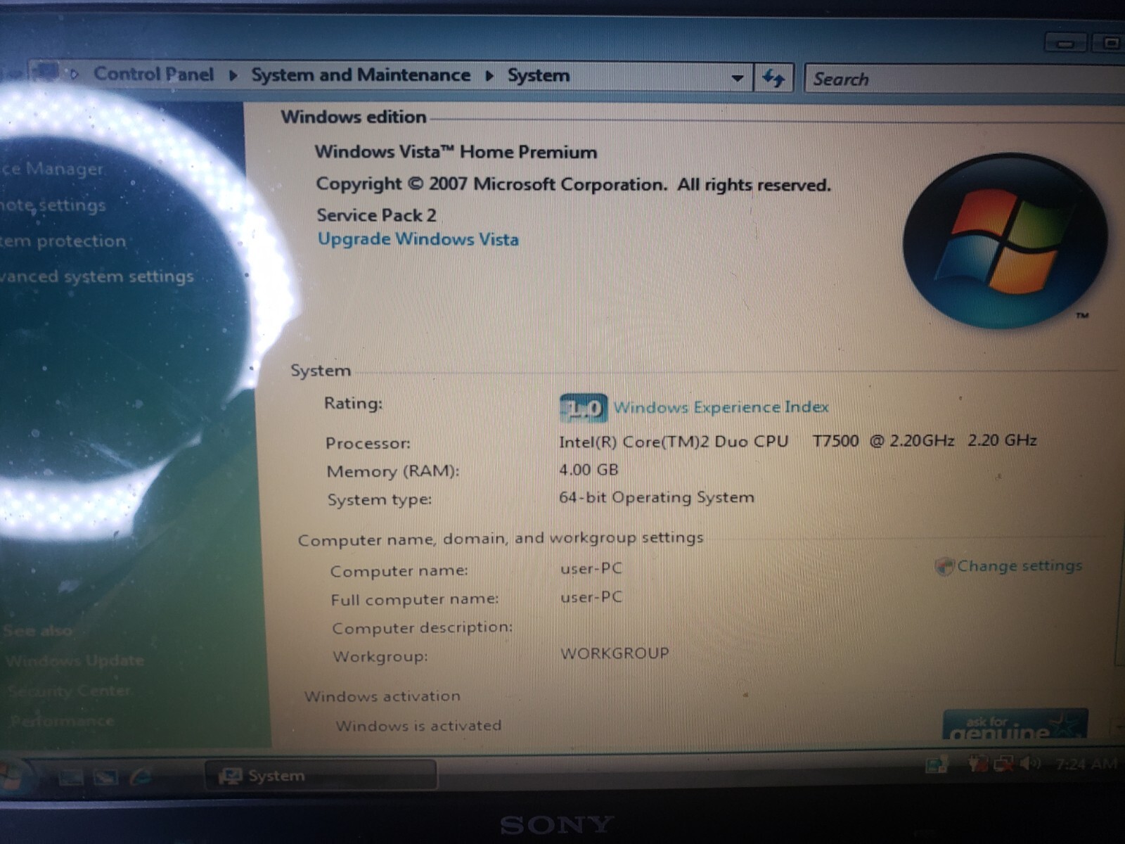 Sony Vaio CR pcg-5j2l Core 2 Duo T7500@2.20GHz 4GB RAM 200GB HDD Vista READ