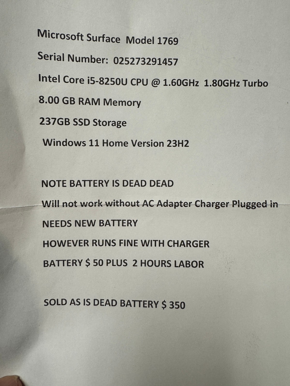 Microsoft Surface laptop model 1769 Dead Battery needs replacement