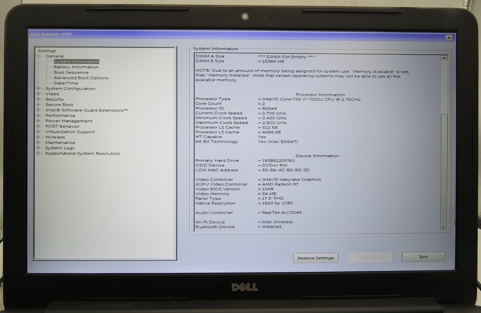 Dell Inspiron 17 5767-17.3″-i7-7500U@2.70GHz-16GB RAM-250GB 2.5 SSD-NO OS *READ*