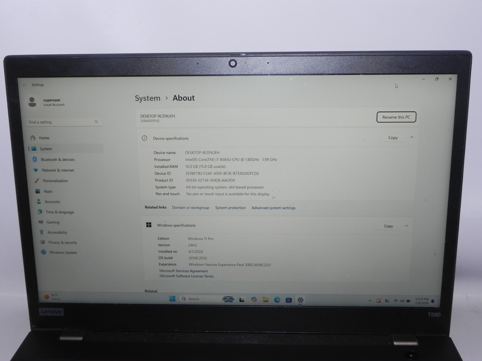 Lenovo ThinkPad T590 Windows 11 Intel i7-8565u 1.99GHz 16GB RAM 400SSD