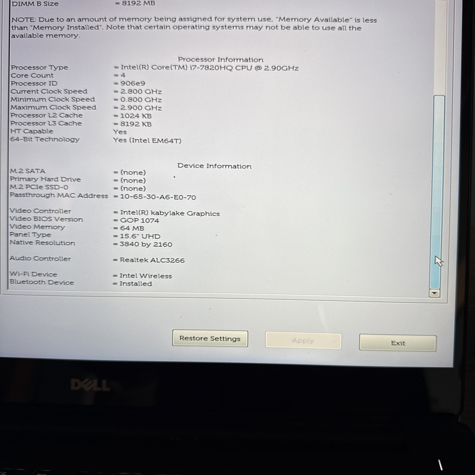 Dell Precision 5520 i7-7820HQ CPU 8GB RAM NO SSD No OS Laptop