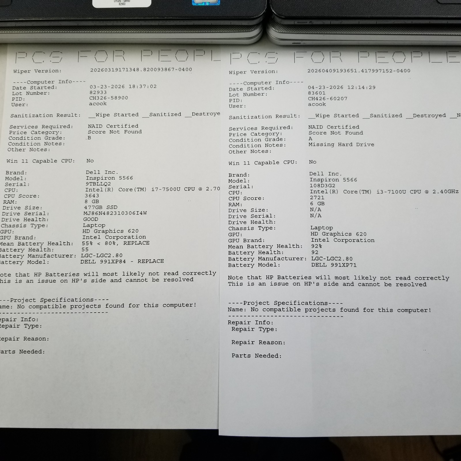 Lot of 5 Dell Inspiron Intel 6th – 8th Laptops Mixed Specs – 5566 / 5559 / 5570