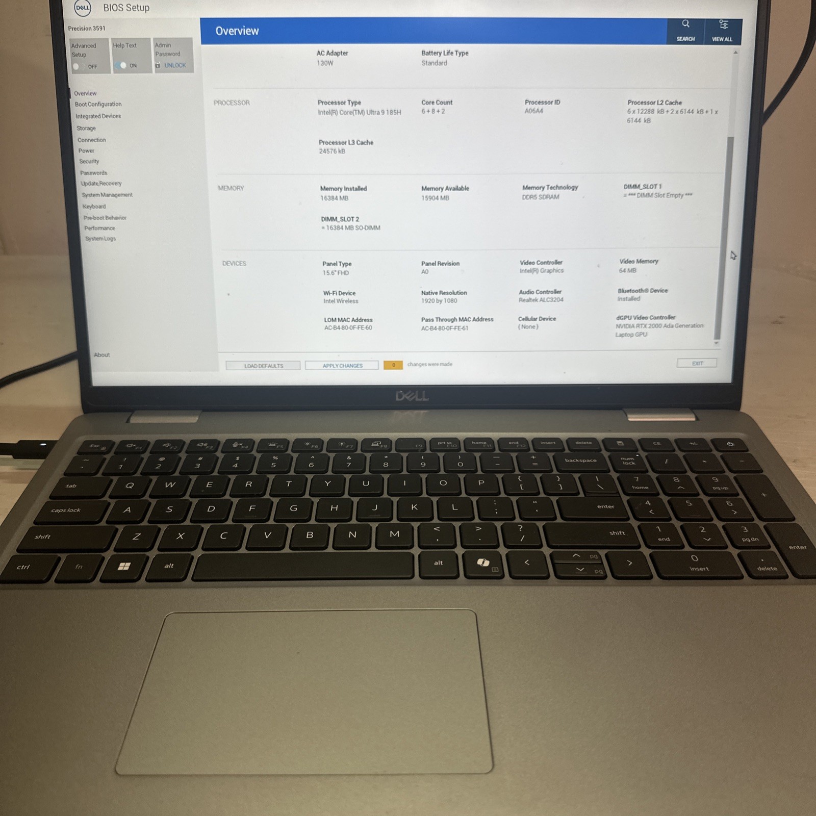 Dell Precision 3591 Laptop Core Ultra 9 16GB RAM RTX 2000 Ada No SSD