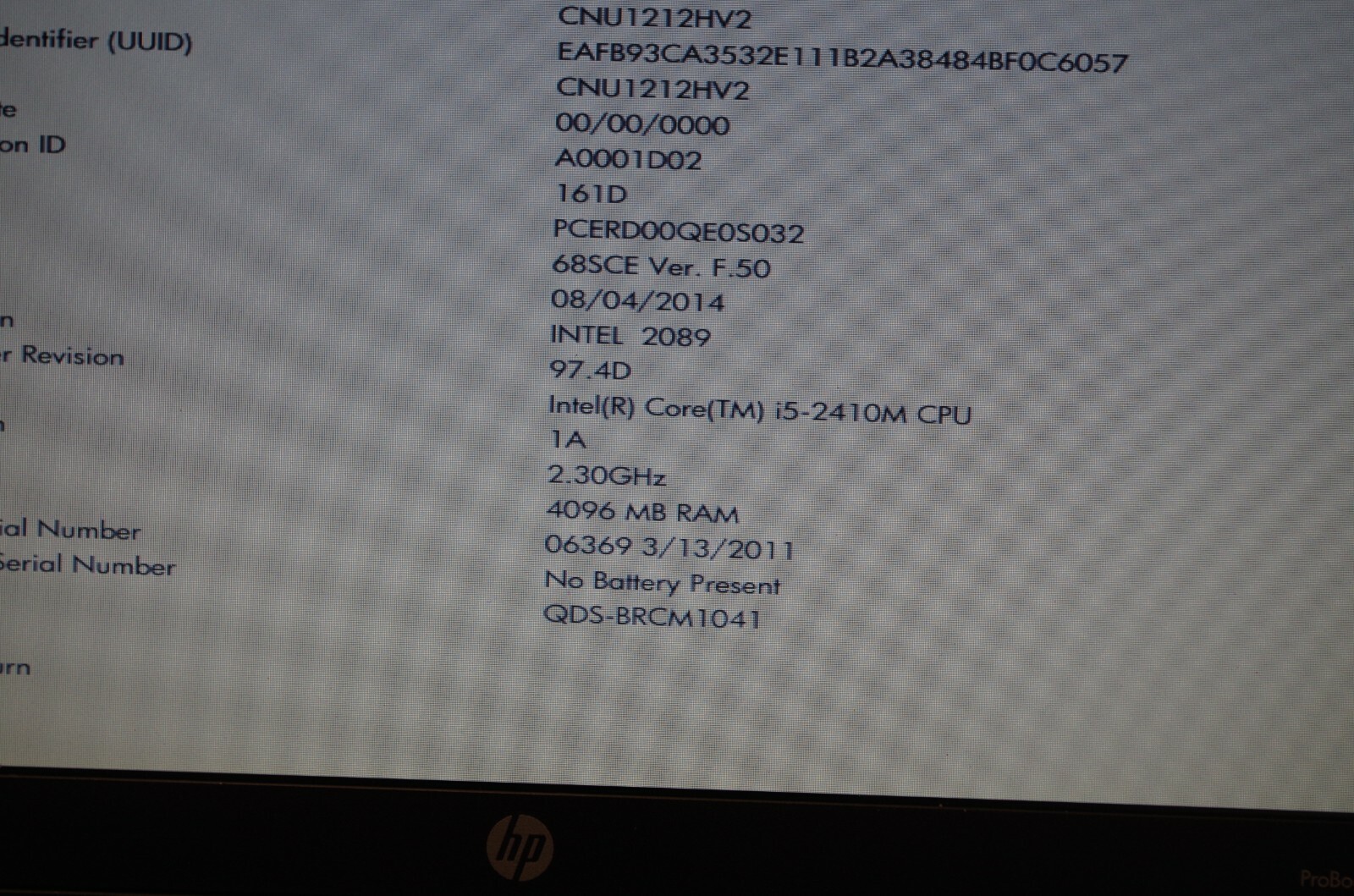 HP Probook 6460b i5 2.3GHz 4GB Laptop Boots To Bios As Is