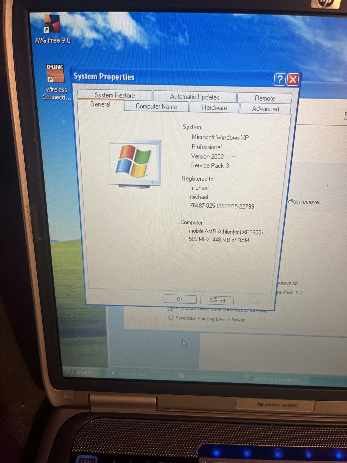 Vintage Laptop HP Pavilion ze4800 AMD Athlon XP2800+, 448MB RAM, 18GB HDD WORKS