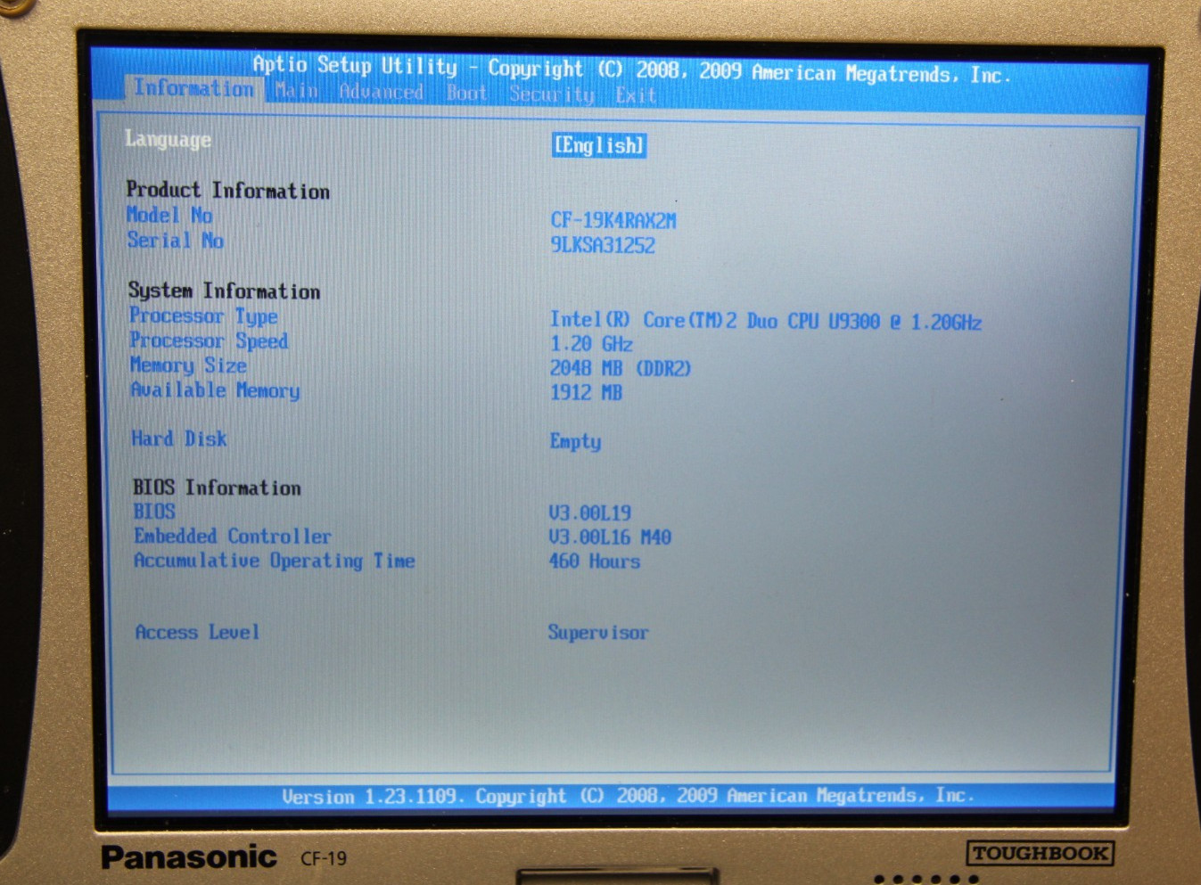 Panasonic Toughbook CF-19 Intel Core 2 Duo U9300 1.20GHz 2GB Ram No HDD/Supply