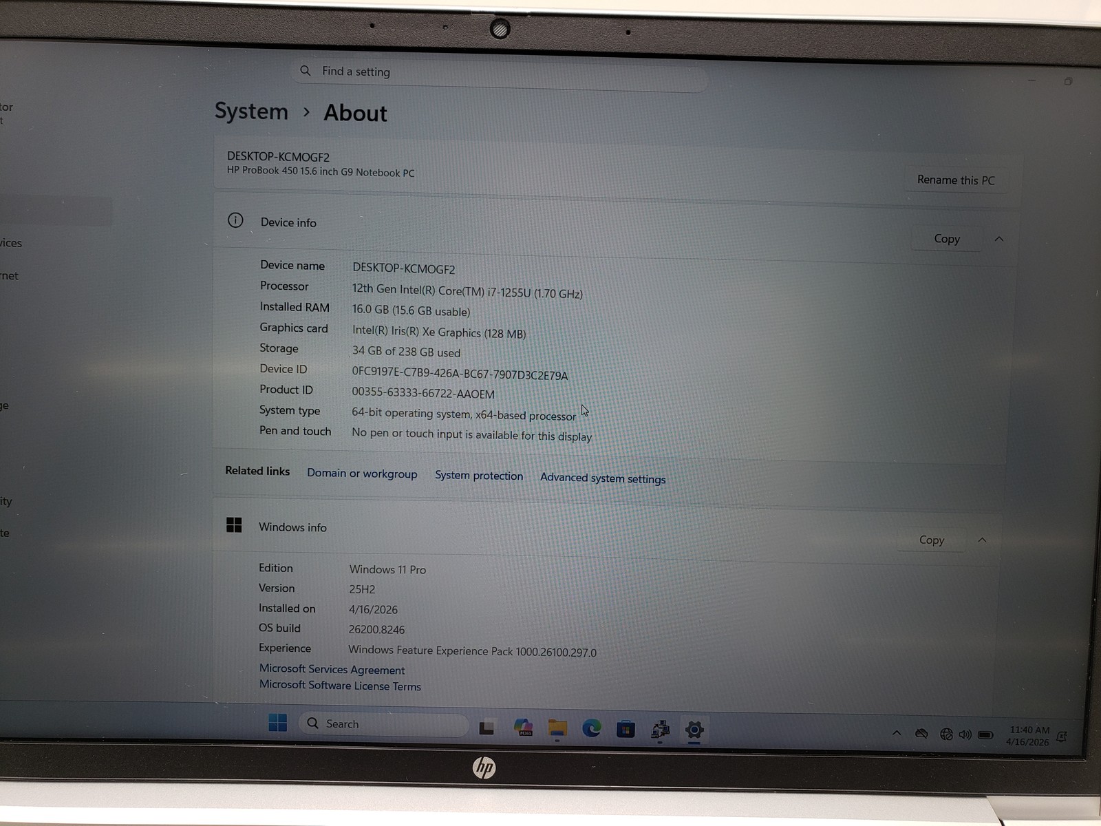HP ProBook 450 G9 i7-1255U 16GB RAM 256GB SSD 15.6in Iris Graphics 128MB Tested