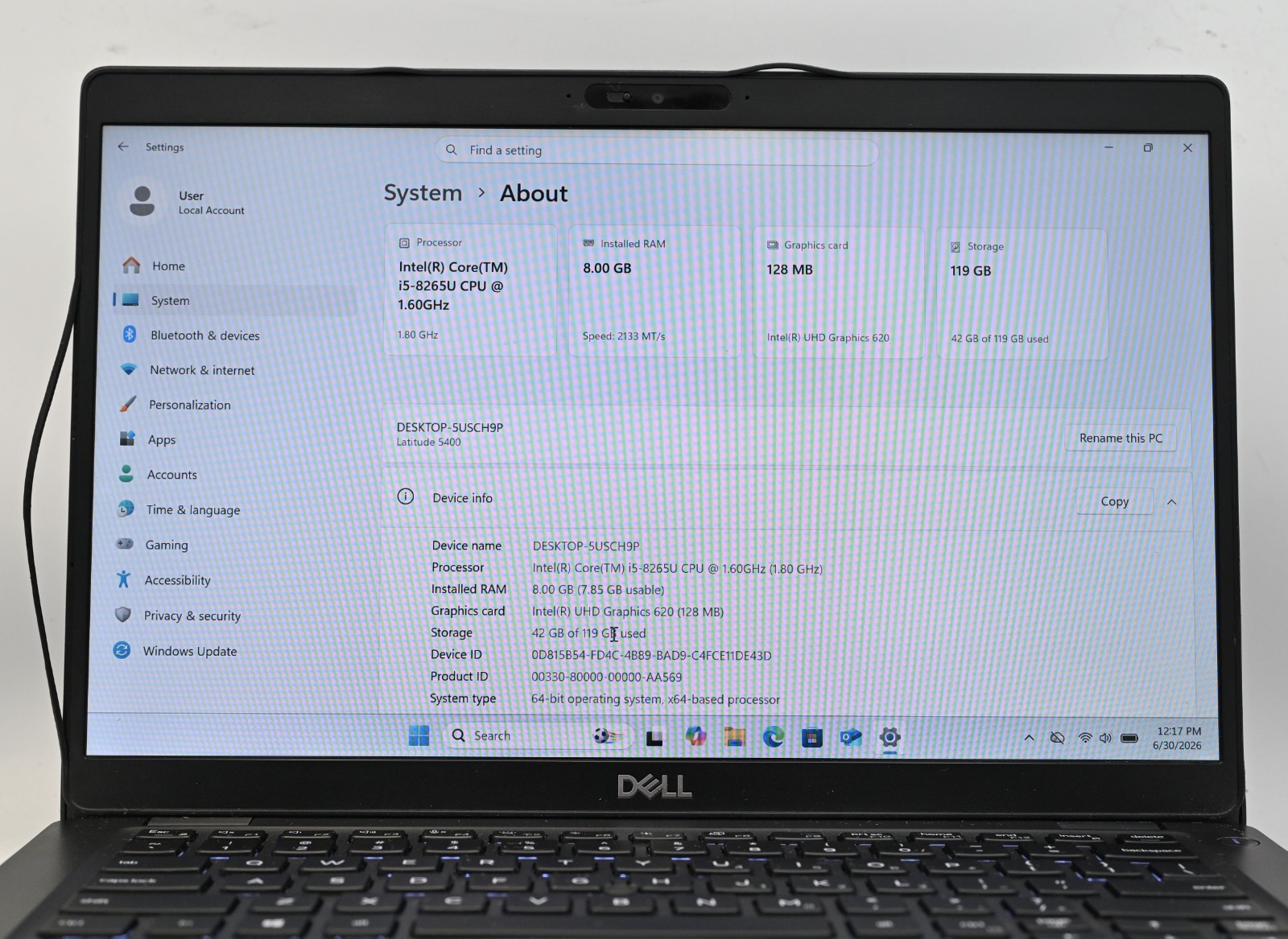Dell Latitude 5400 i5-8265u 1.6GHz 8GB RAM 128GB SSD Windows 10 Pro
