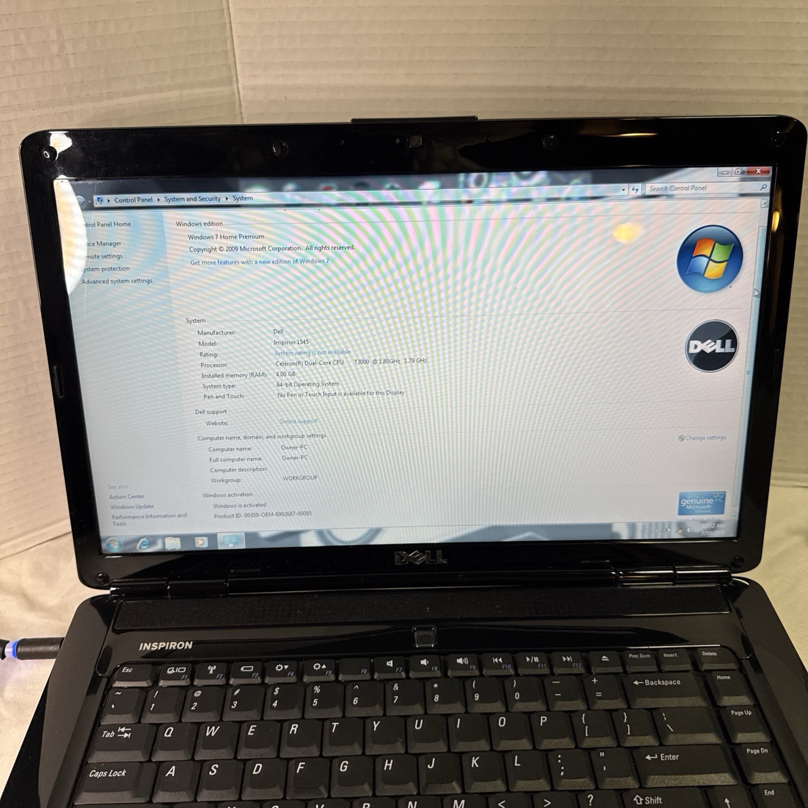Dell Inspiron 1545 Windows 7 Laptop 500GB HD 4GB RAM Intel Dual Core DVD/CD