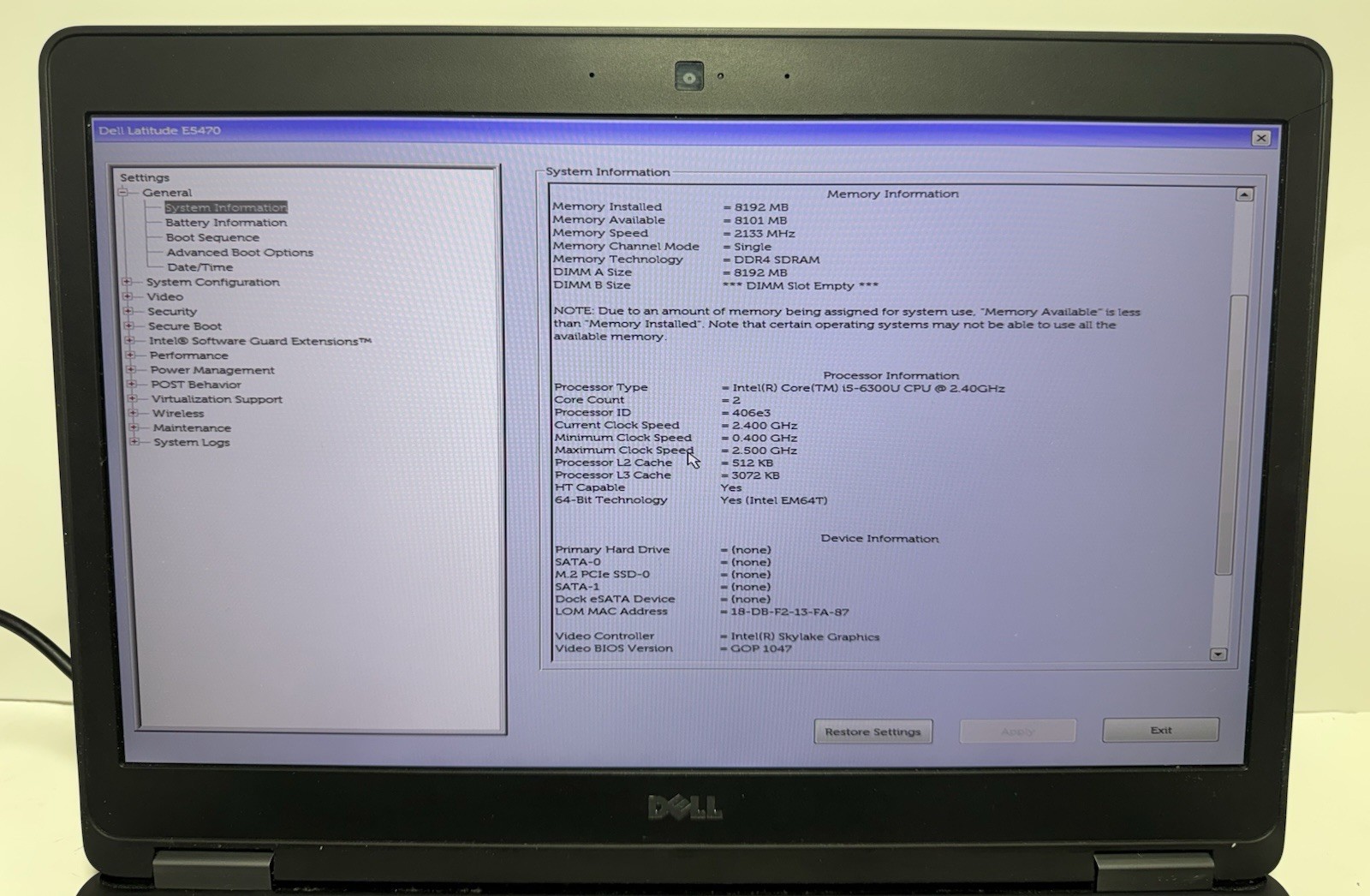 Dell Latitude E5470 i5-6300U 8GB RAM (NO SSD/AC/BATT) #0034